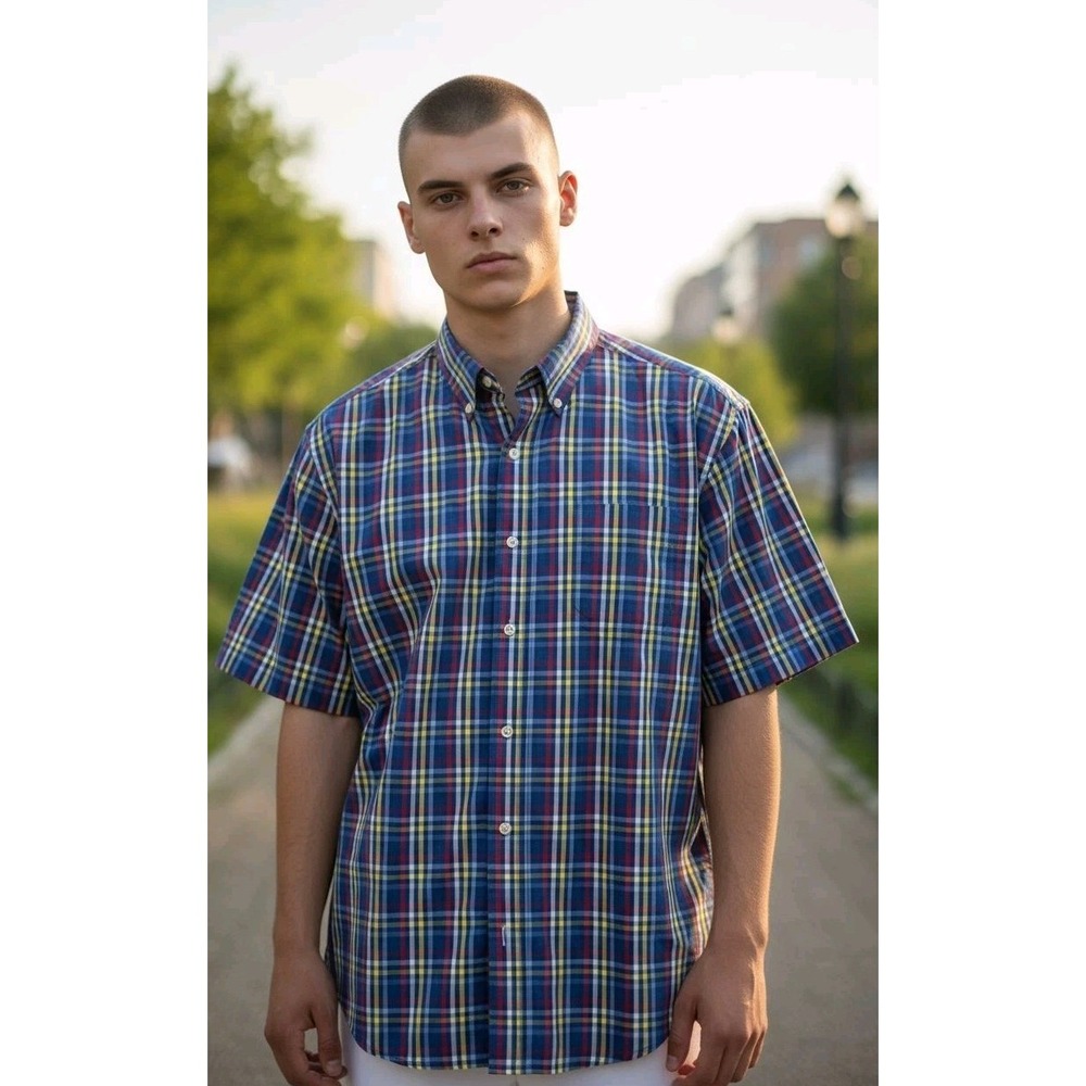 CHAPS Shirt Mens XL Blue Chaps Ralph Lauren Tattersal Plaid Short Sleeve #056‎